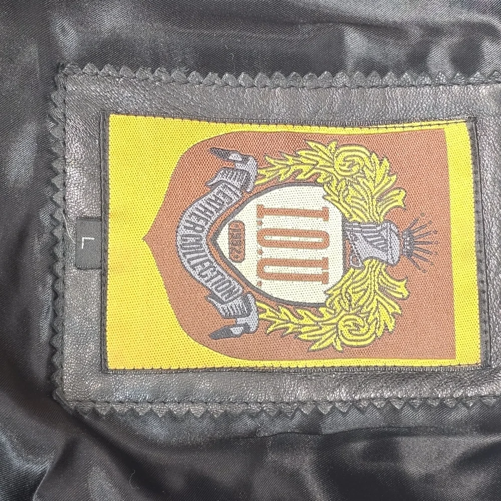 IOU Vintage Leather Over Sized Fur Neck Asymetrical Zip Mens Large Coat EUC